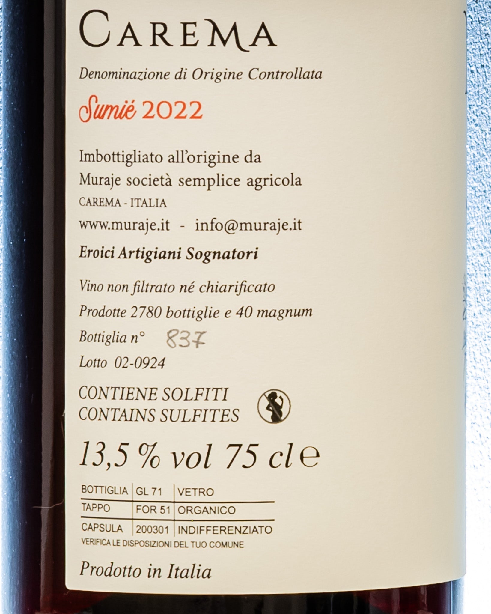 Muraje Carema Sumiè 2022 Nebbiolo Piemonte Vino Rosso Italia Retro Etichetta 