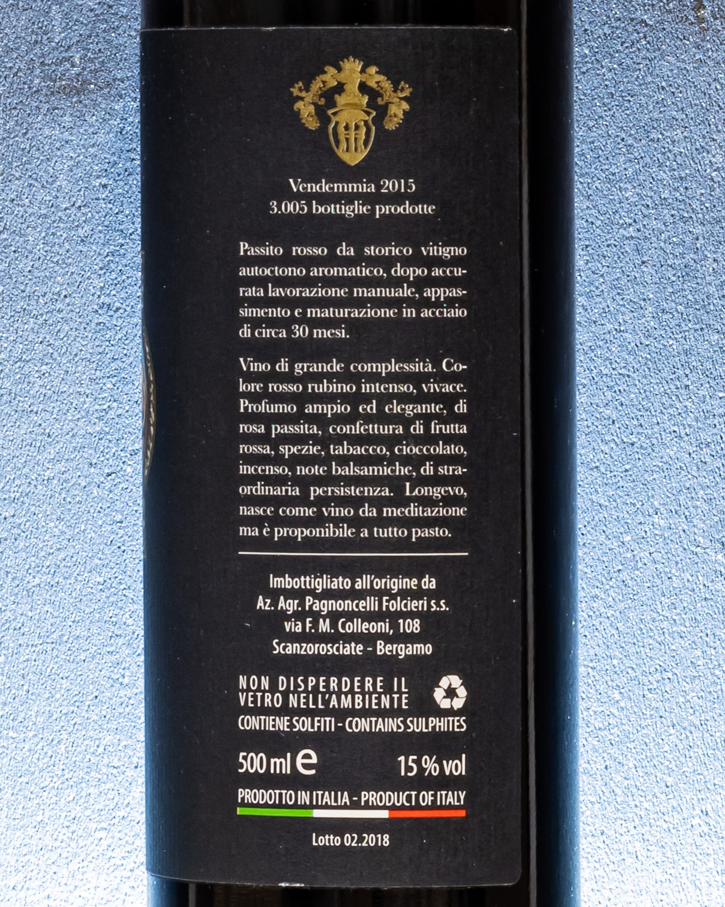 Pagnoncelli Folcieri Moscato Scanzo Vino Passito Dolce Fine Pasto Rosso Bergamo Lombardia Italia 2015 Retro Etichetta