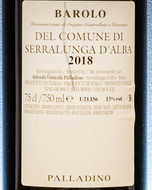 Palladino Barolo del Comune Serralunga 2018 Nebbiolo Langhe Piemonte Vino Rosso Italia Retro Etichetta