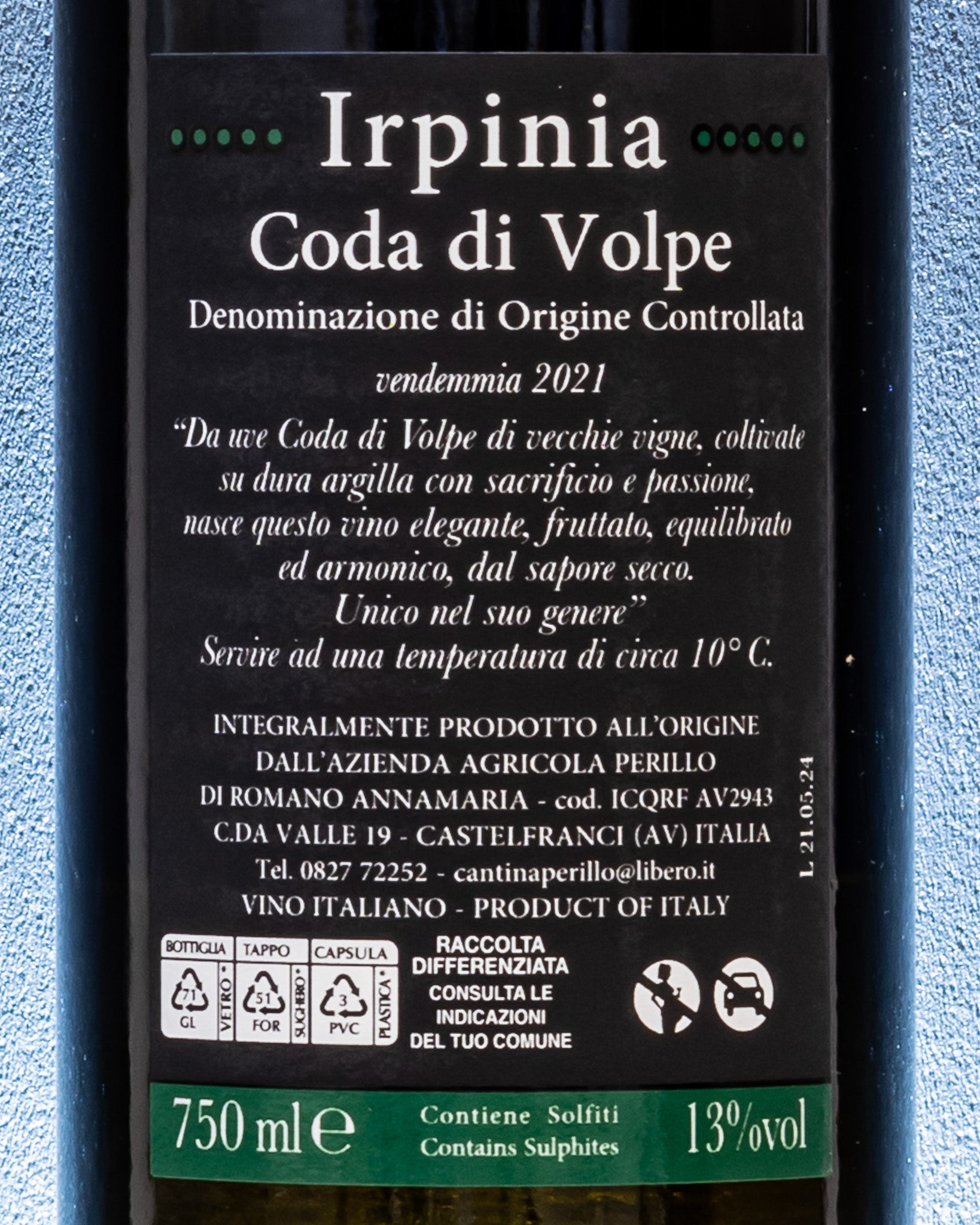 Perillo Coda Di Volpe 2019 Irpinia Vino Bianco Campania Avellino Italia Retro Etichetta