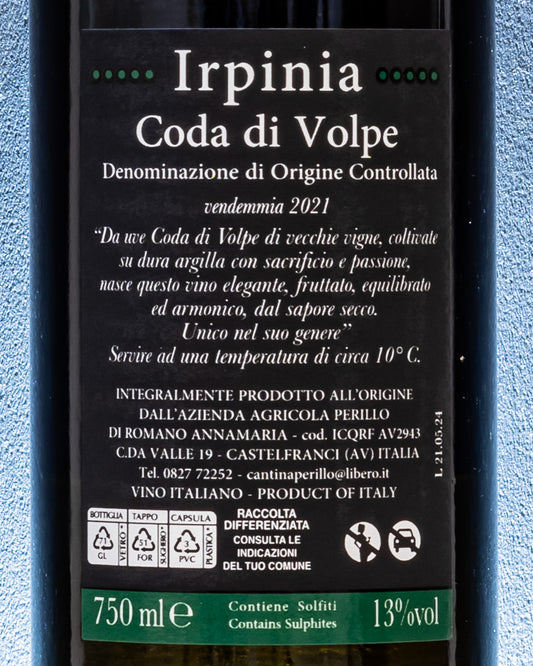 Perillo Coda Di Volpe 2019 Irpinia Vino Bianco Campania Avellino Italia Retro Etichetta