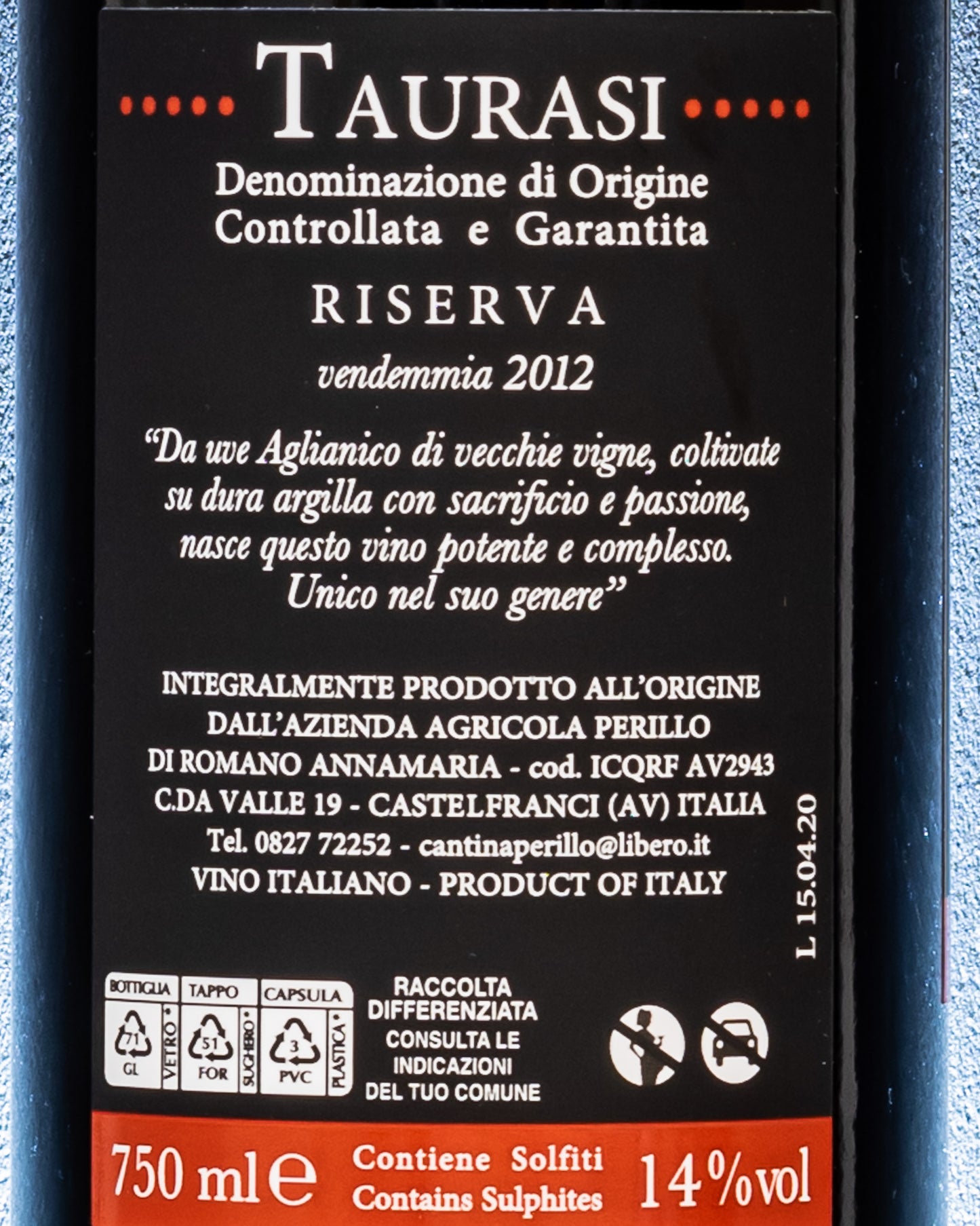 Perillo Taurasi Riserva 2012 Aglianico Avellino Campania Vino Rosso Italia Retro Etichetta