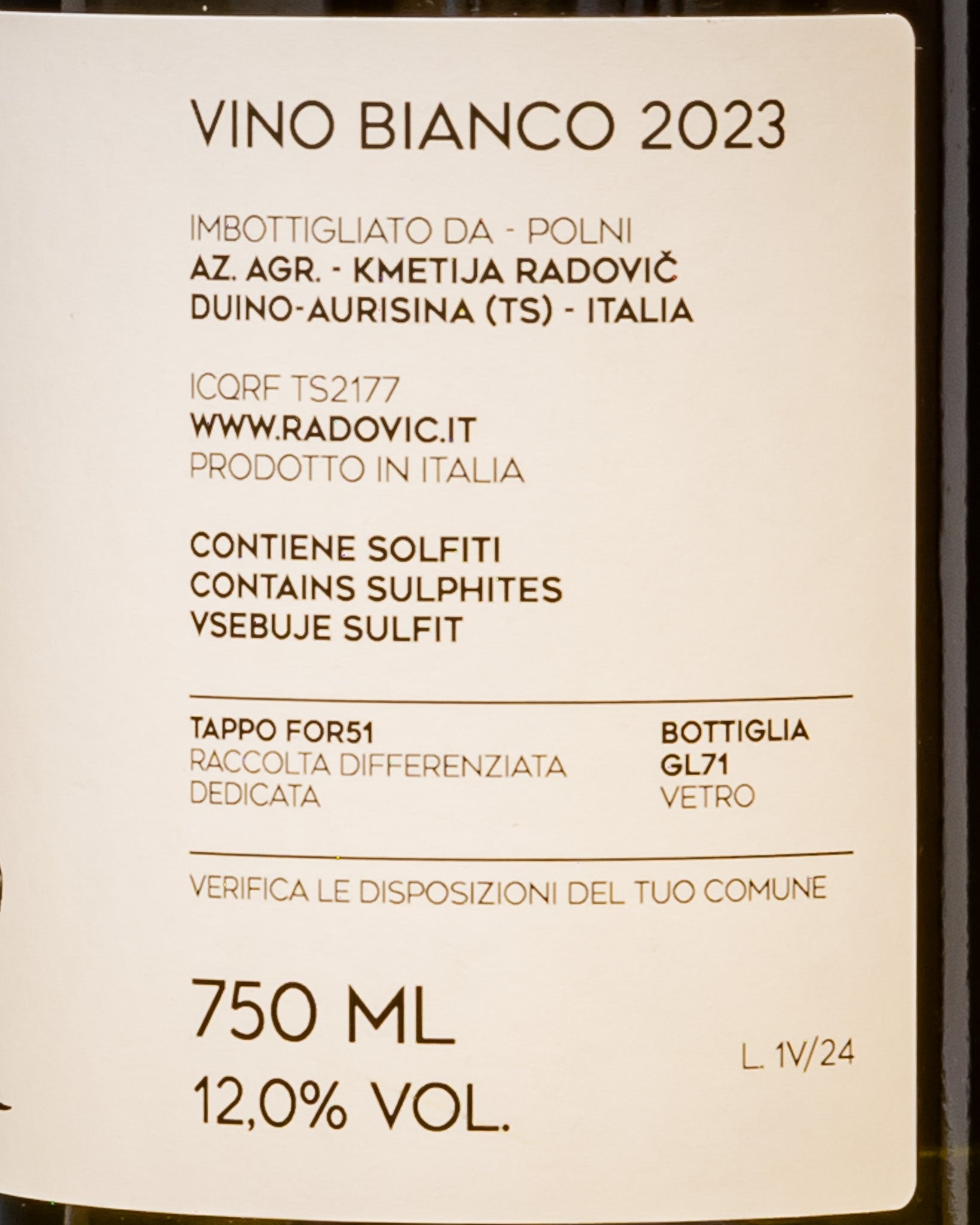 Peter Radovic Vitovska Marmor 2023 Vino Bianco Carso Italia Friuli Venezia Giulia Retro Etichetta 1