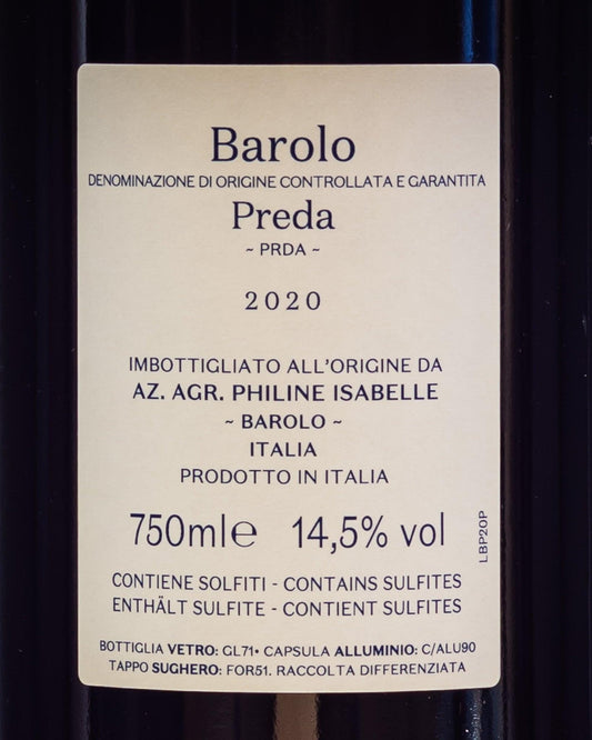 Philine Isabelle Barolo Preda 2020 Nebbiolo Langhe Piemonte Italia Vino Rosso retro etichetta