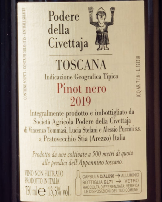Podere Civettaja Pinot Nero 2019 Toscana Italia Vino Rosso Retro Etichetta