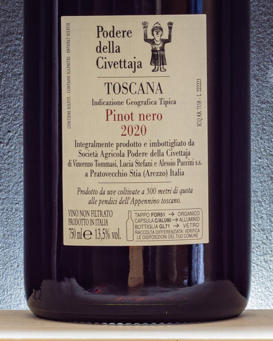 Podere Civettaja Pinot Nero 2020 Toscana Italia Vino Rosso Retro Etichetta