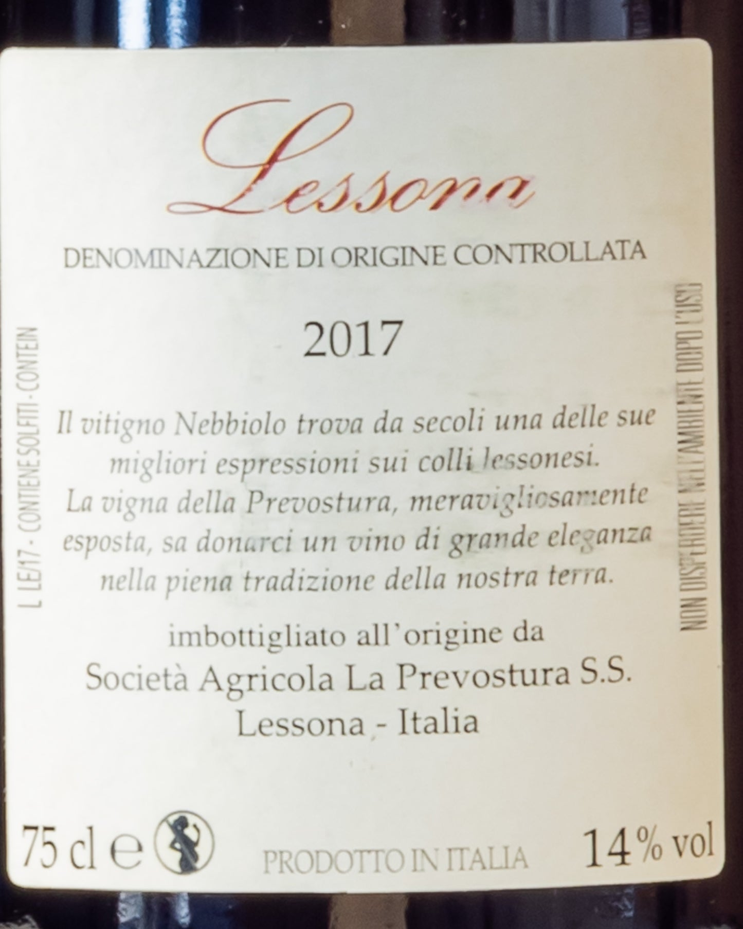 Prevostura Lessona 2017 Nebbiolo Nord Piemonte Alto Italia Vino Rosso Retro Etichetta