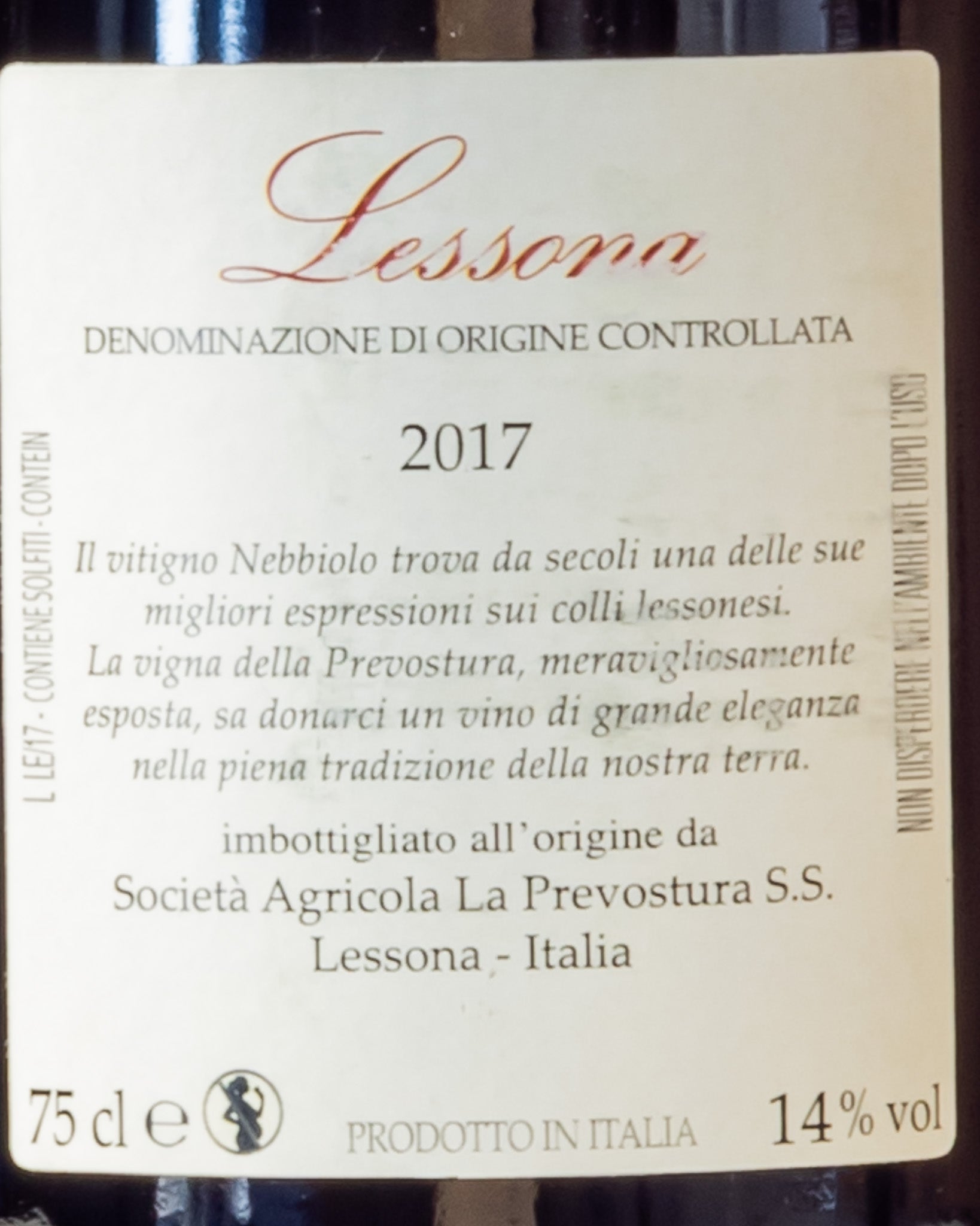 Prevostura Lessona 2017 Nebbiolo Nord Piemonte Alto Italia Vino Rosso Retro Etichetta