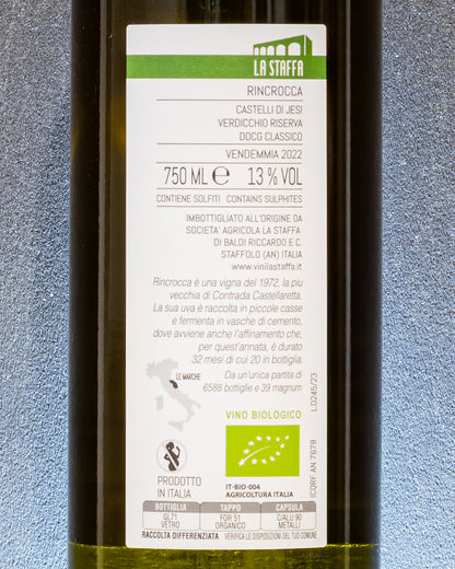 Riccardo Baldi Staffa Verdicchio Classico Riserva dei Castelli Jesi Marche Staffolo Vino Bianco Italia 2022 Retro Etichetta