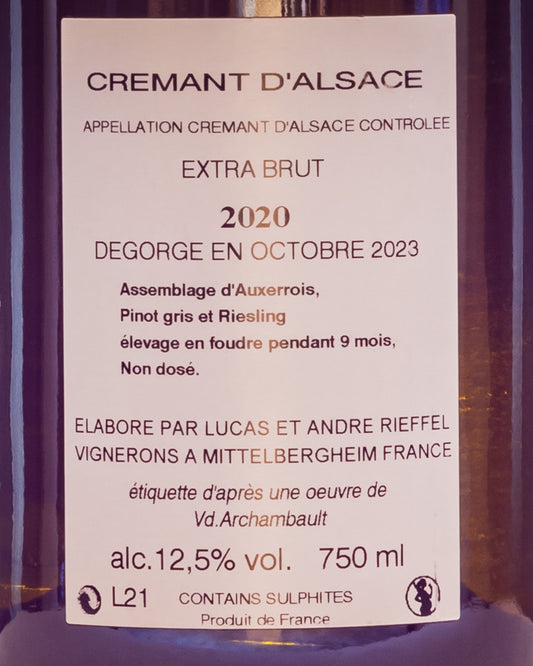 Rieffel Cremant Alsace Pinot Gris Auxerrois Riesling Extra Brut Metodo Classico Vino Alsazia Francia Retro Etichetta