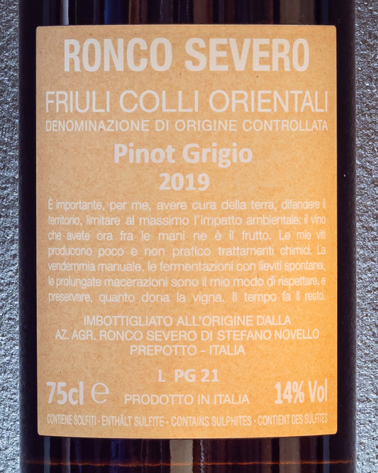Ronco Severo Pinot Grigio 2019 Vino Orange Macerato Prepotto Friuli Venezia Giulia Italia Retro Etichetta