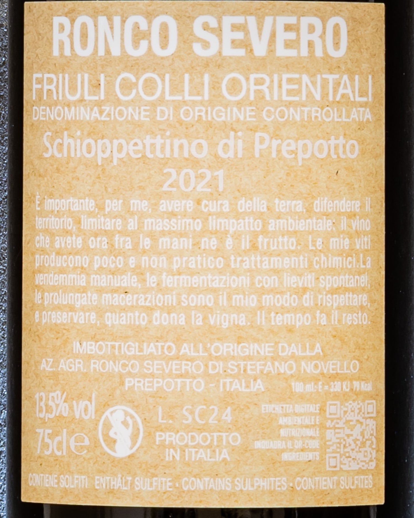 Ronco Severo Schioppettino Di Prepotto 2021 Colli Orientali Friuli Venezia Giulia Vino Rosso Italia Retro Etichetta
