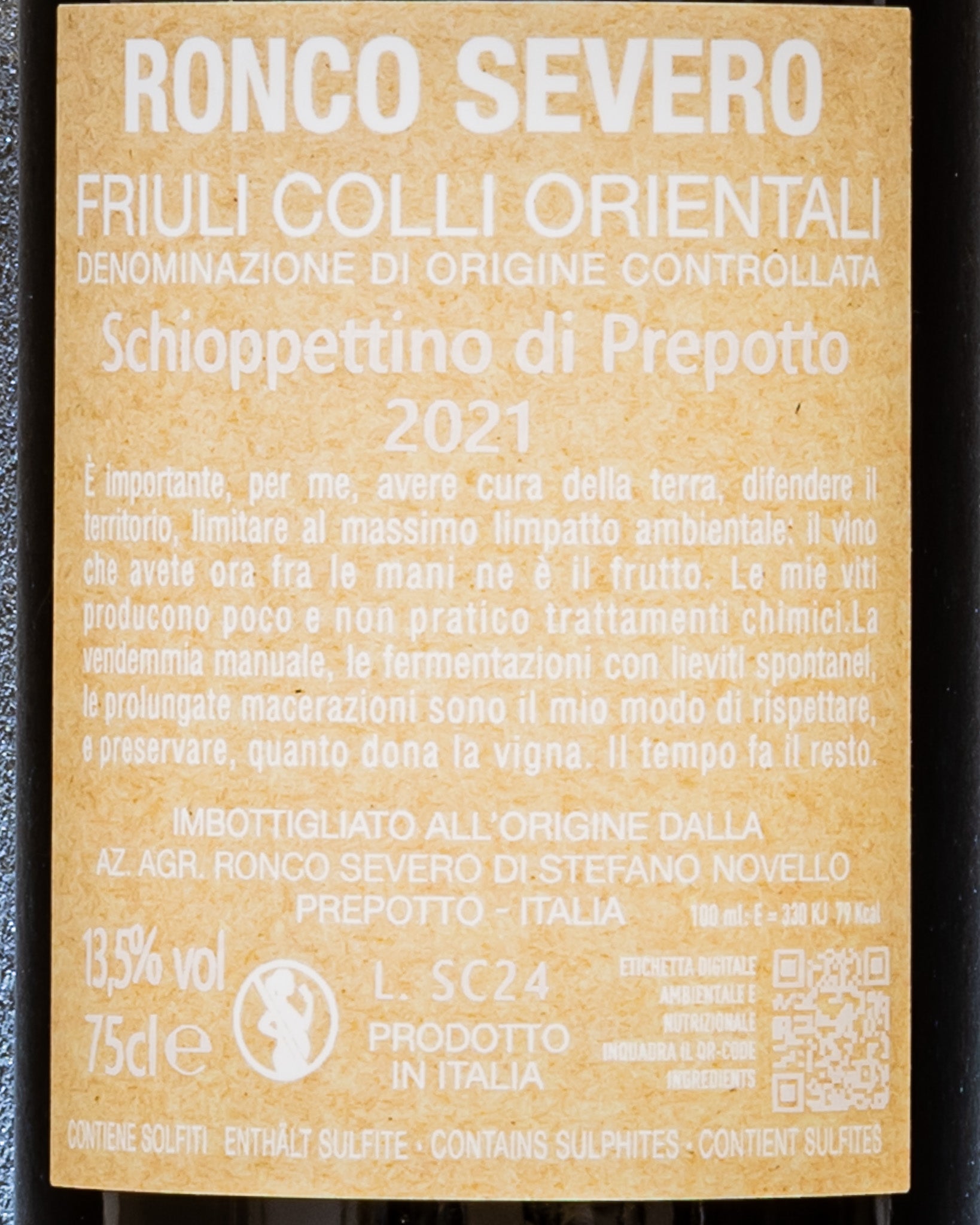 Ronco Severo Schioppettino Di Prepotto 2021 Colli Orientali Friuli Venezia Giulia Vino Rosso Italia Retro Etichetta