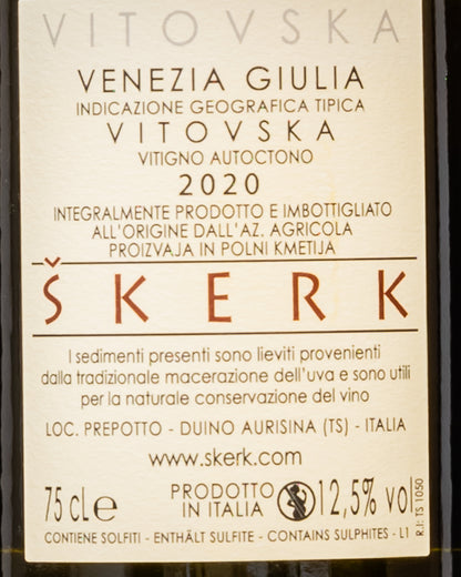 Skerk Vitovska 2020 Vino Macerato Orange Carso Friuli Venezia Giulia Italia Retro Etichetta