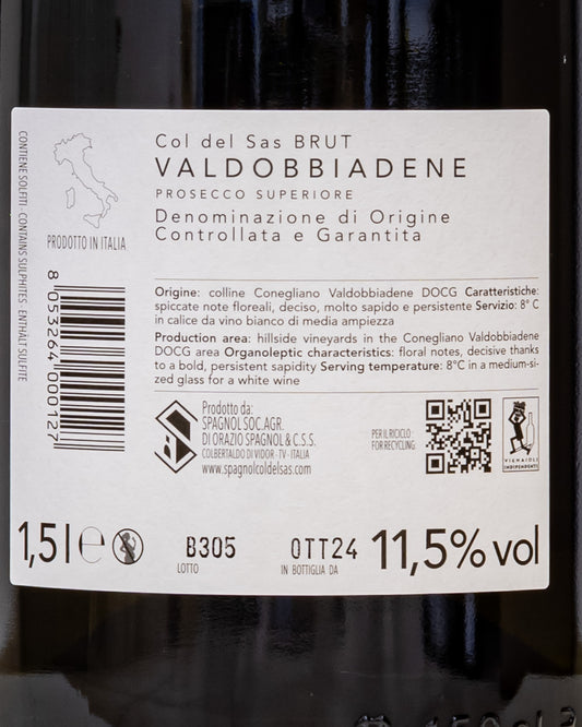 Spagnol Col Del Sas Prosecco Valdobbiadene Brut Glera Magnum Grandi Formati Conegliano Veneto Vino Spumante Charmat Italia Retro Etichetta