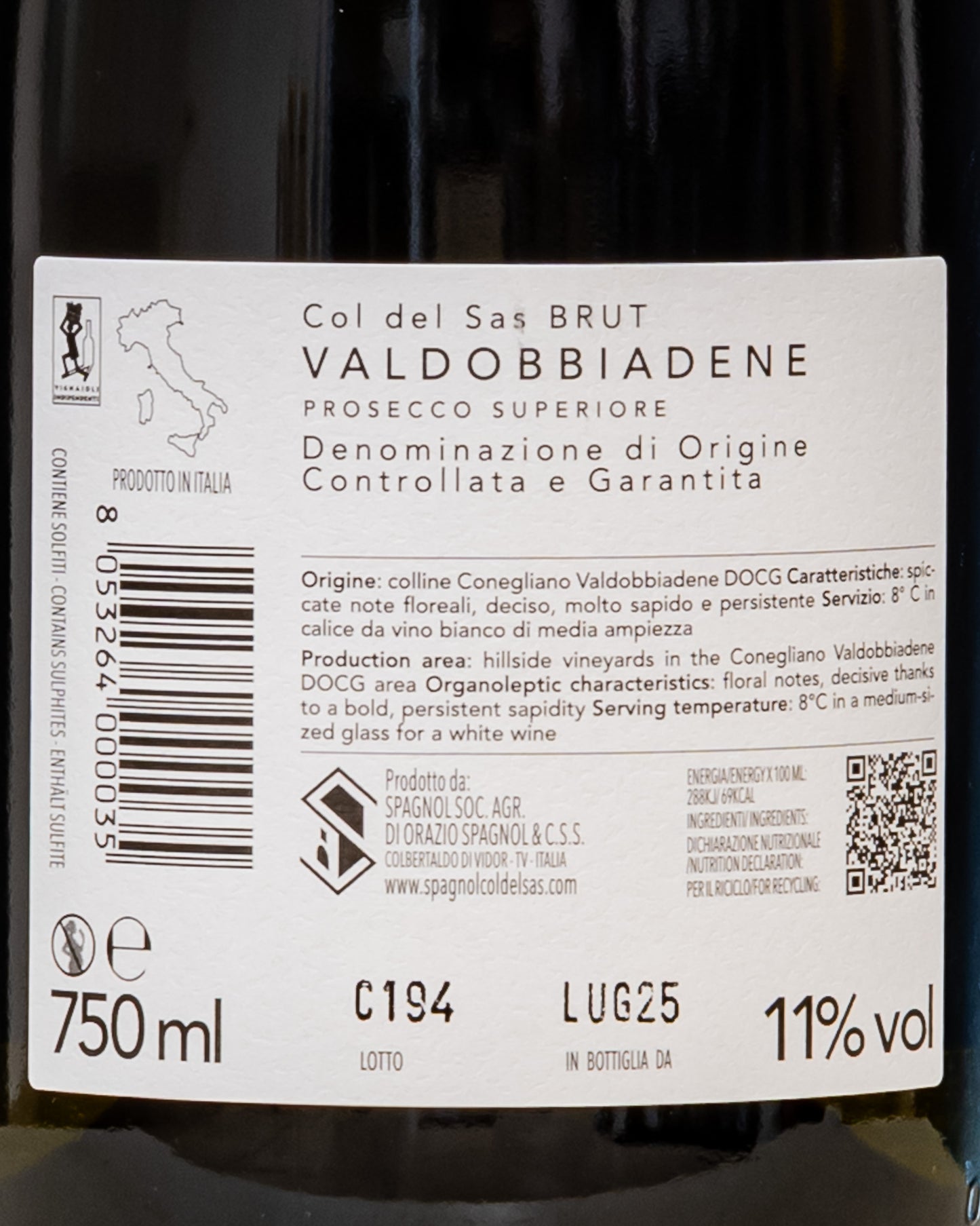 Spagnol Col del Sas Prosecco Valdobbiadene Brut Glera Conegliano Veneto Vino Spumante Metodo Charmat Italia Retro Etichetta