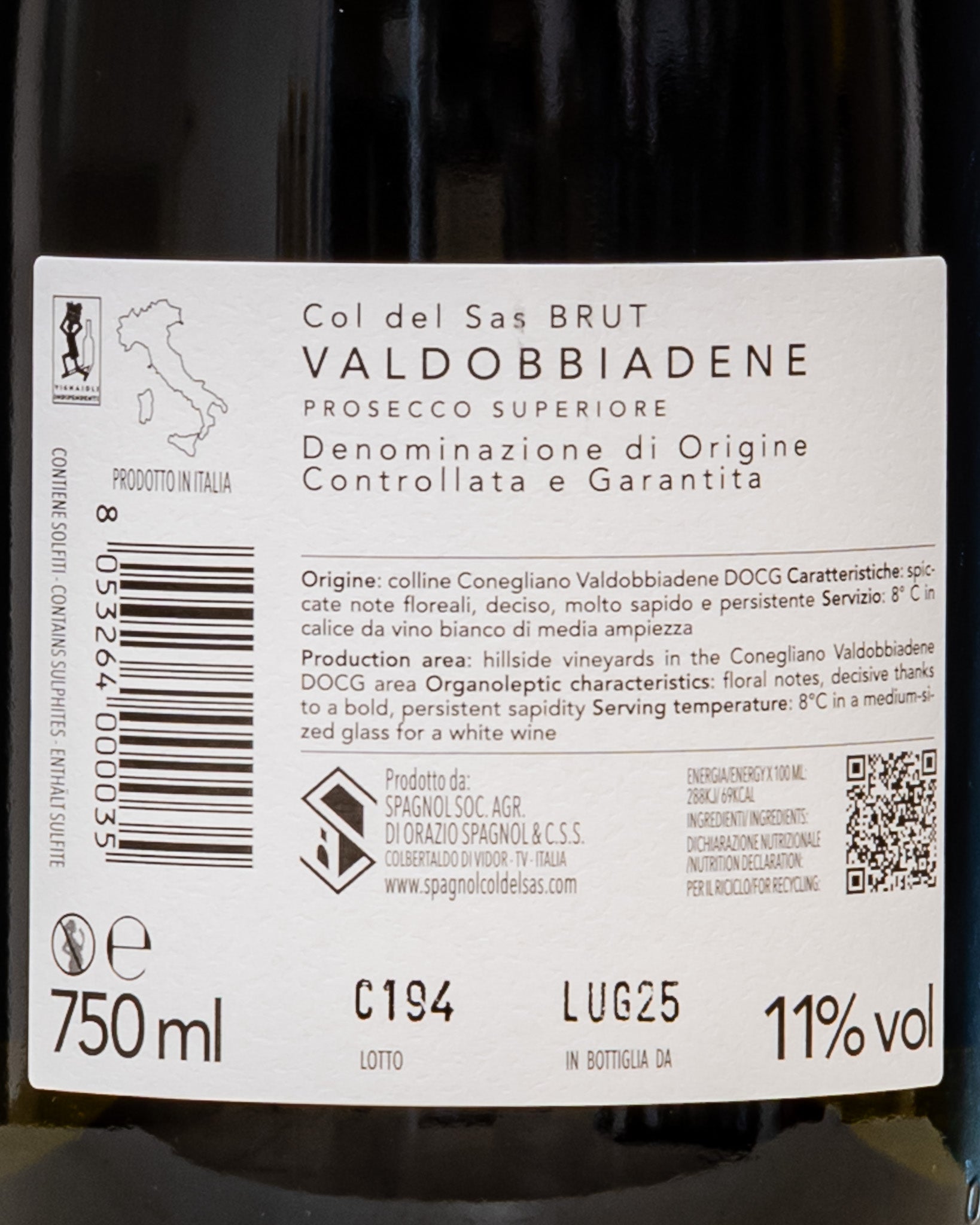 Spagnol Col del Sas Prosecco Valdobbiadene Brut Glera Conegliano Veneto Vino Spumante Metodo Charmat Italia Retro Etichetta