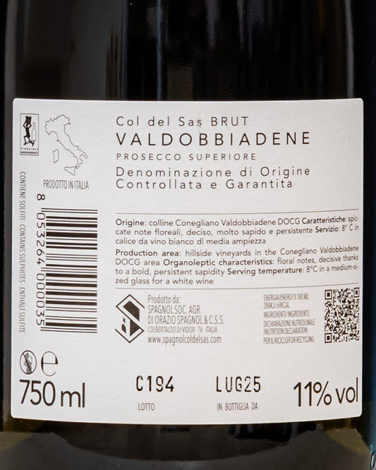 Spagnol Col del Sas Prosecco Valdobbiadene Brut Glera Conegliano Veneto Vino Spumante Metodo Charmat Italia Retro Etichetta