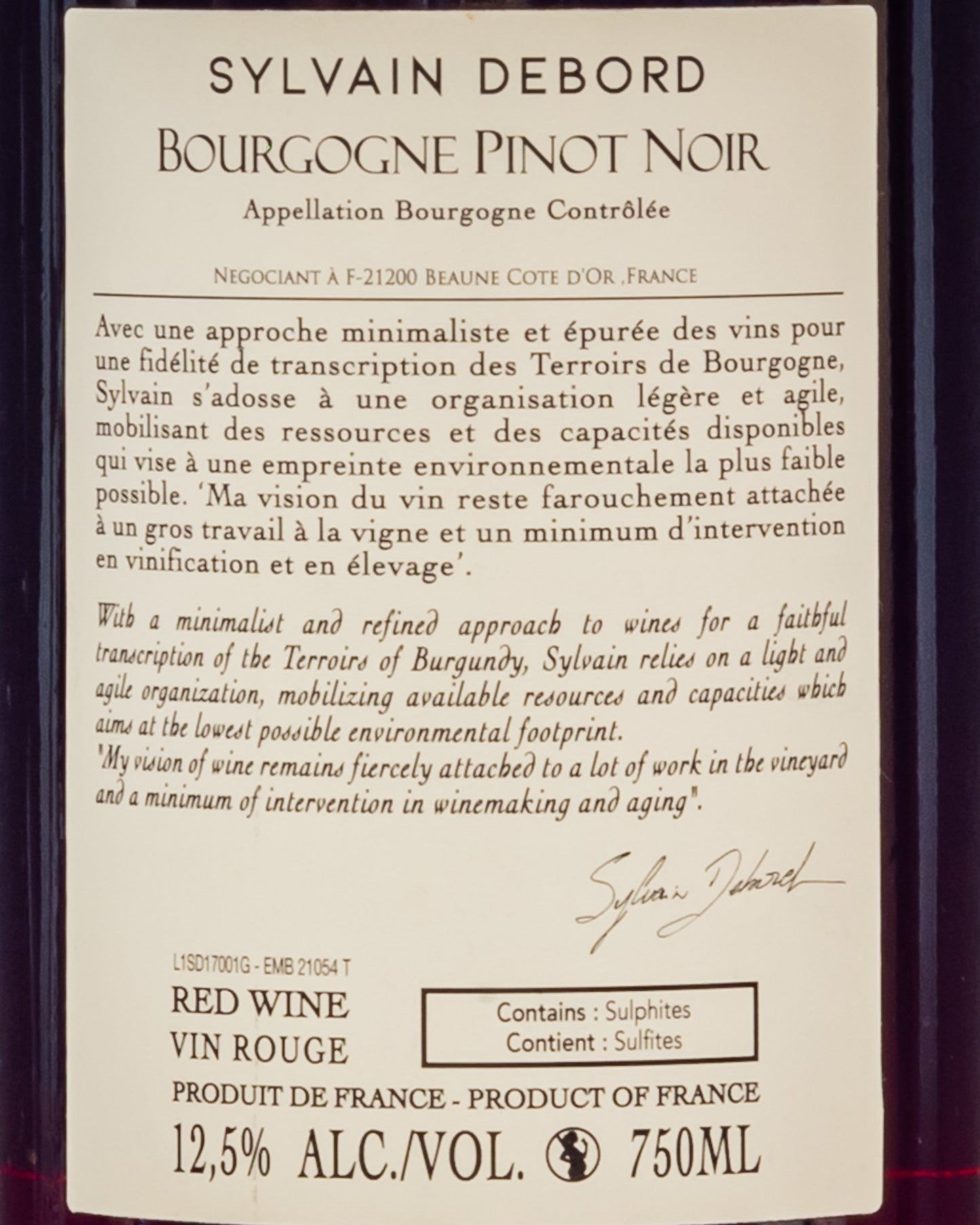 Sylvain Debord Bourgogne Pinot Noir Nero Borgogna 2017 Vino Rosso Francia Retro Etichetta