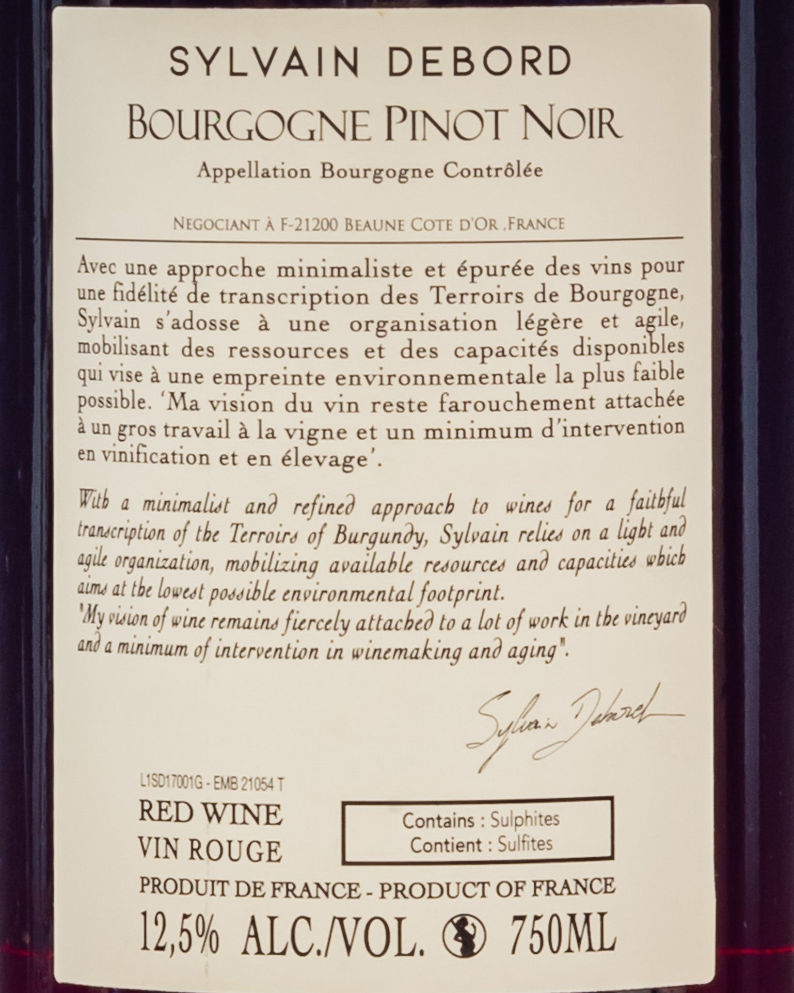 Sylvain Debord Bourgogne Pinot Noir Nero Borgogna 2017 Vino Rosso Francia Retro Etichetta
