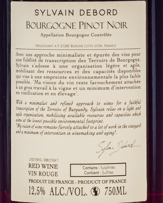 Sylvain Debord Bourgogne Pinot Noir Nero Borgogna 2017 Vino Rosso Francia Retro Etichetta