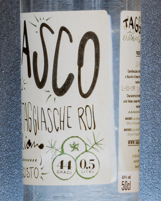 Taggiasco Gin Italian Distilled Olive Ginepro Roi Liguria Italia Distillato Retro Etichetta 1