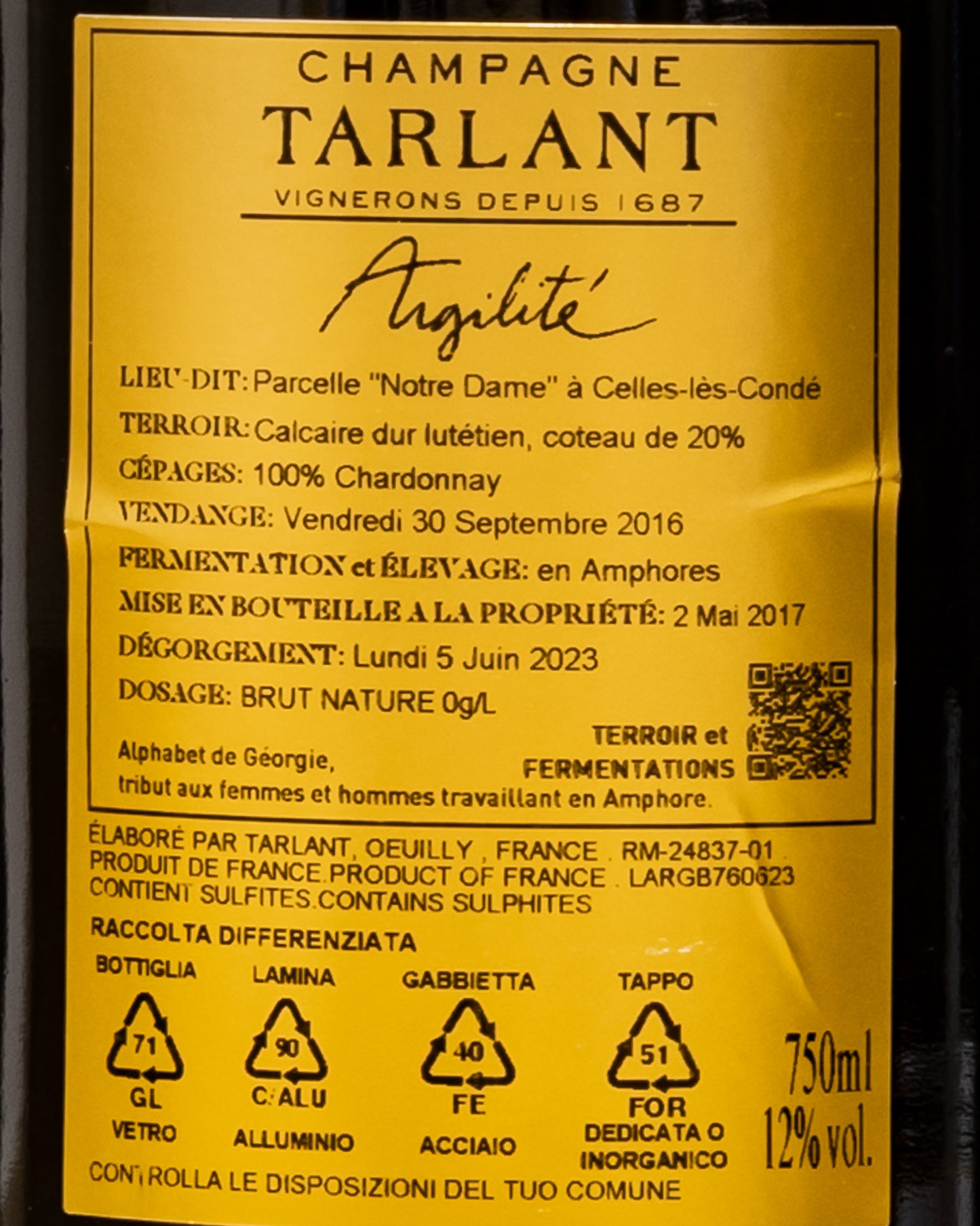 Tarlant Champagne Argilité 2016 Blanc De Blancs Chardonnay Brut Nature Francia Retro Etichetta