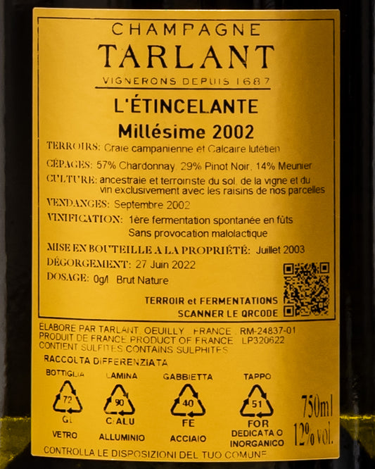 Tarlant Champagne Etincelante Marne Chardonnay Pinot Nero Meunier Brut Nature 2002 Francia Retro Etichetta