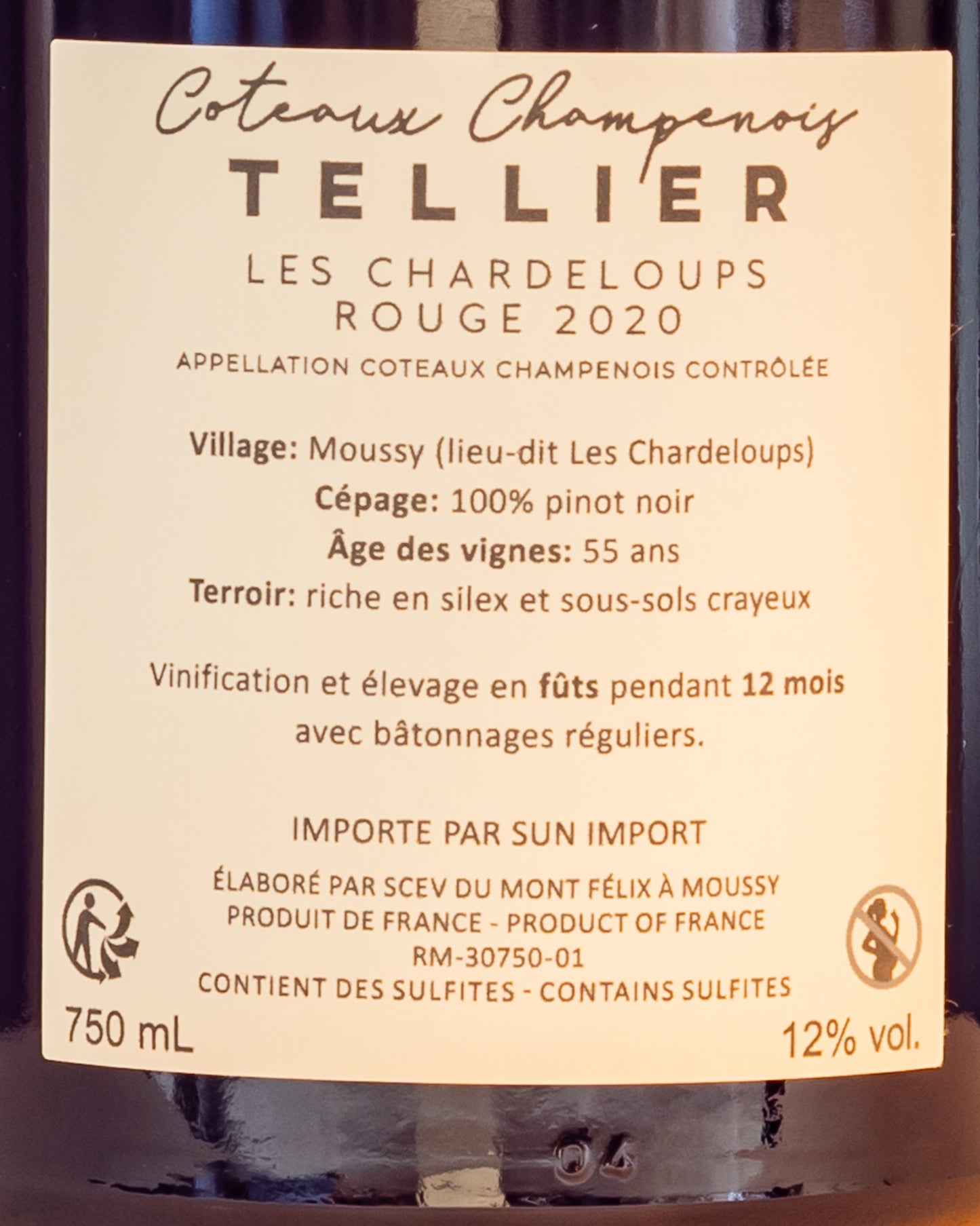 Tellier Coteaux Champenois Chardeloups 2020 Pinot Noir Nero Valle Marne Vino Rosso Champagne Francia Retro Etichetta
