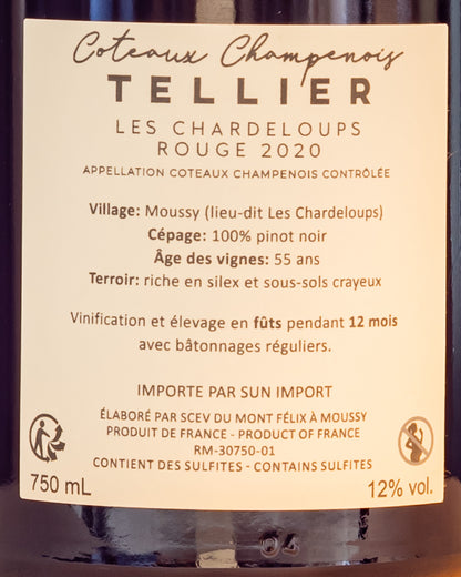 Tellier Coteaux Champenois Chardeloups 2020 Pinot Noir Nero Valle Marne Vino Rosso Champagne Francia Retro Etichetta
