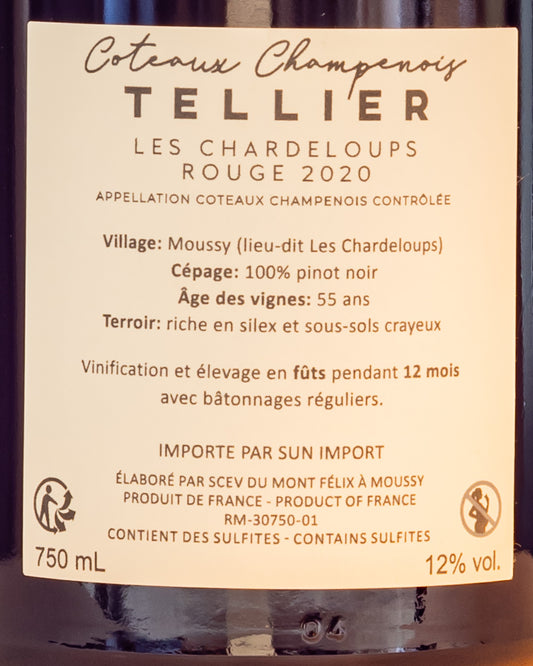 Tellier Coteaux Champenois Chardeloups 2020 Pinot Noir Nero Valle Marne Vino Rosso Champagne Francia Retro Etichetta
