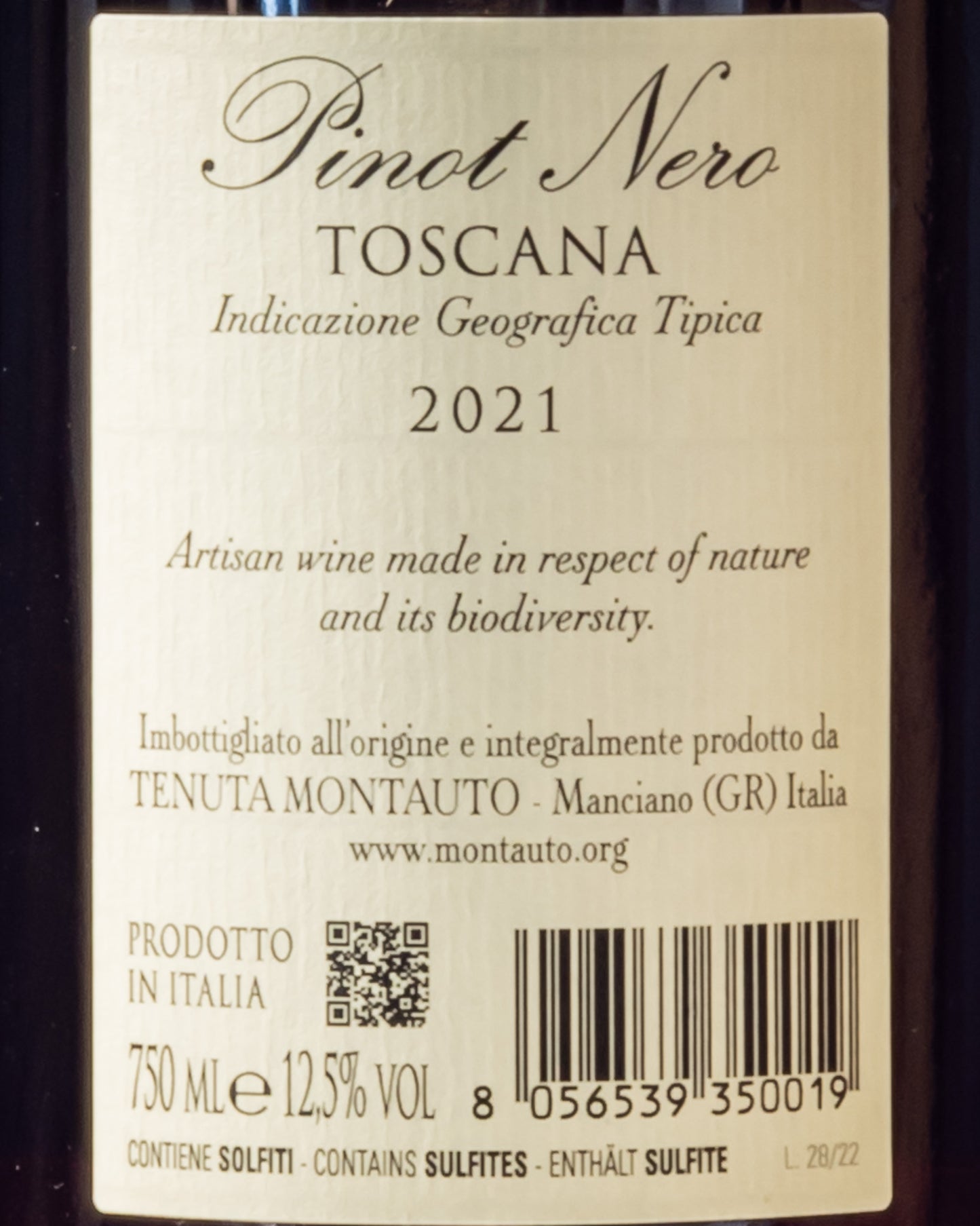 Tenuta Montauto Pinot Nero 2021 Vino Rosso Maremma Toscana Italia Retro Etichetta