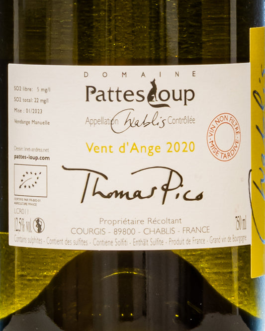 Thomas Pico Pattes Loup Chablis Vent Ange Mise Tardive 2020 Chardonnay Borgogna Vino Bianco Francia Retro Etichetta