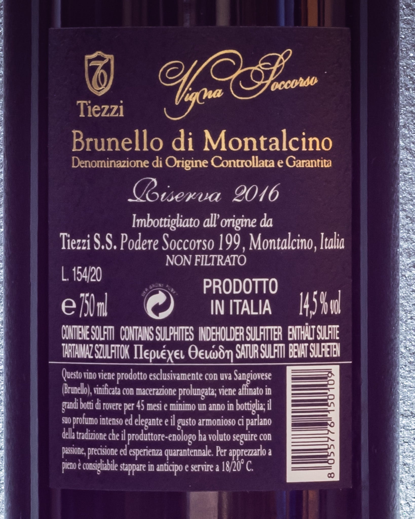 Tiezzi Brunello di Montalcino Riserva 2016 Vigna Soccorso Sangiovese Toscana Vino Rosso Italia Retro Etichetta
