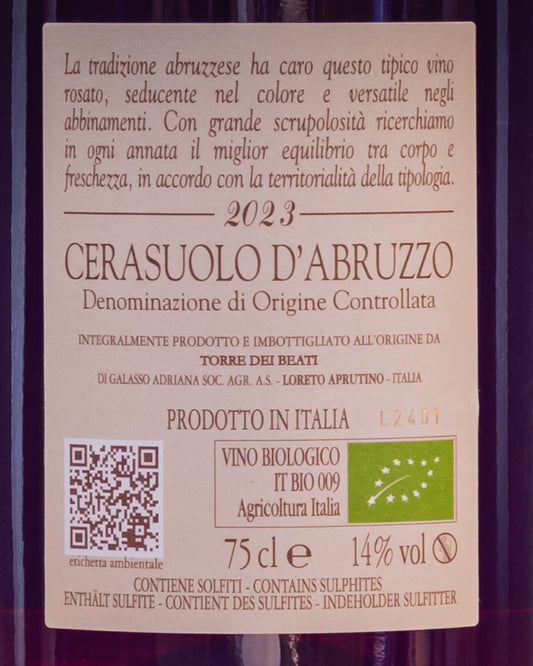 Torre dei Beati Cerasuolo Abruzzo Vino Rosato Italia 2023 Montepulciano Retro Etichetta