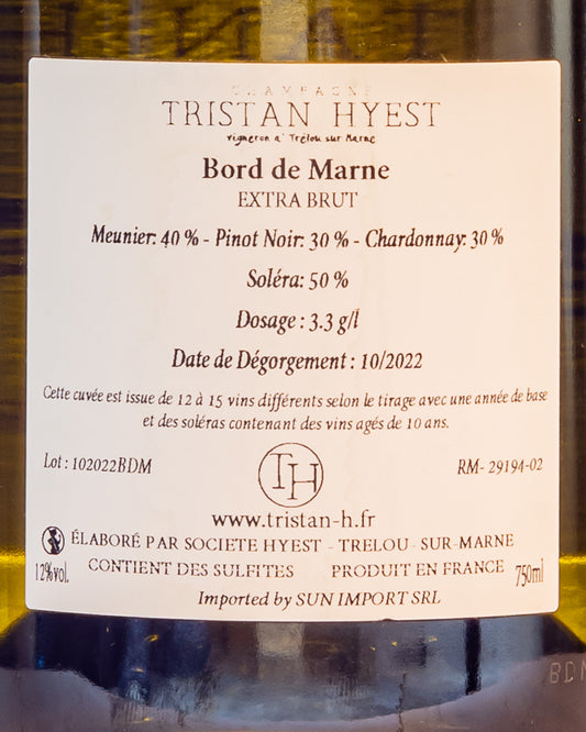 Tristan Hyest Champagne Bord Marne Extra Brut Meunier Chardonnay Pinot Noir Solera Vino Francia Retro Etichetta
