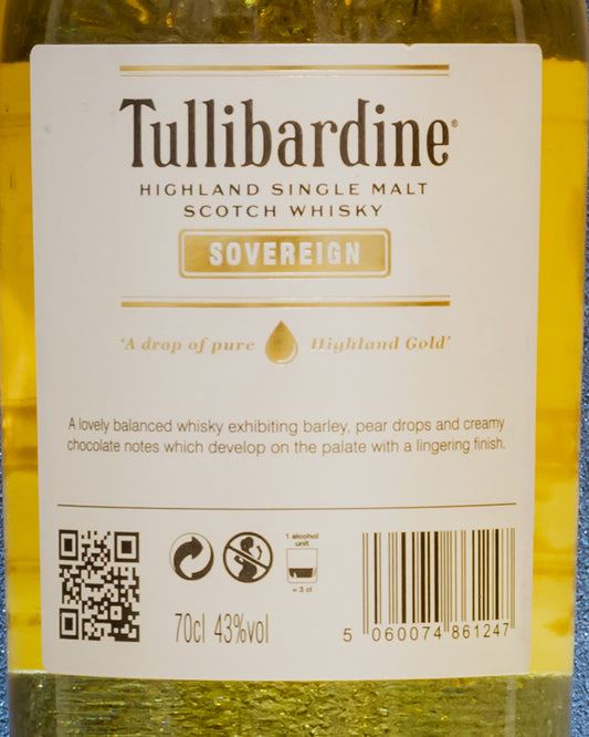 Tullibardine Highland Single Malt Scotch Whisky Sovereign Scozia Regno Unito Retro Etichetta