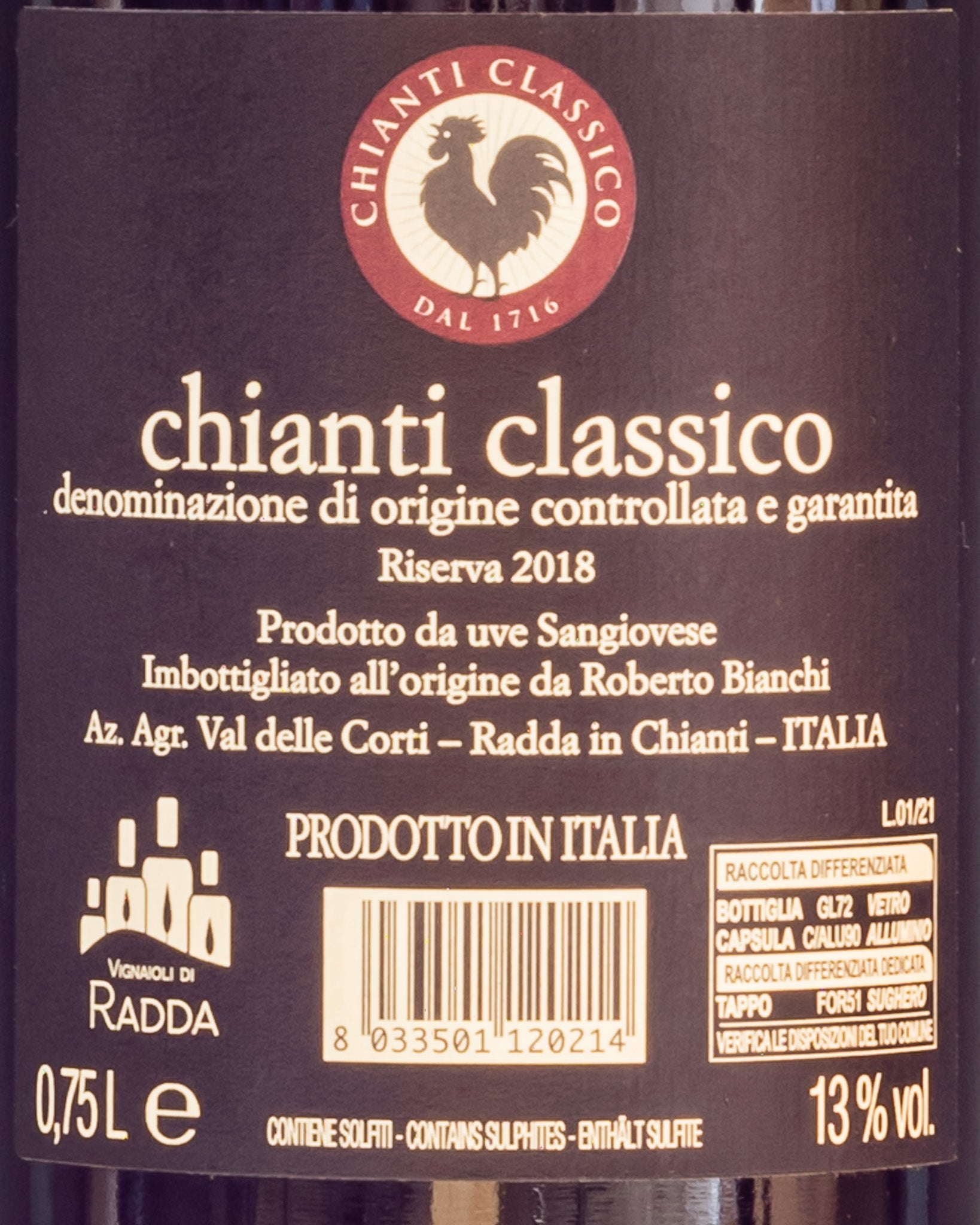 Val delle Corti Chianti Classico Sangiovese 2018 Riserva Vino Rosso Toscana Italia Retro Etichetta