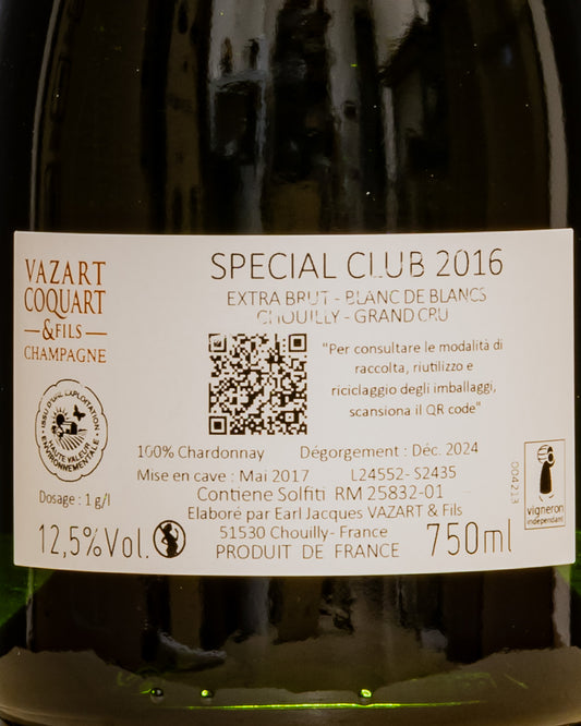 Vazart Coquart Champagne Blanc Blancs 2016 Extra Brut Special Club Chardonnay Chouilly Coteaux Sud Epernay Vino Francia Retro Etichetta