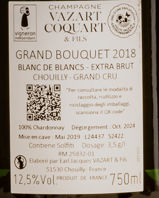 Vazart Coquart Champagne Extra Brut Chouilly Grand Cru Blanc Blancs Bouquet 2018 Cote Chardonnay Vino Francia Retro Etichetta