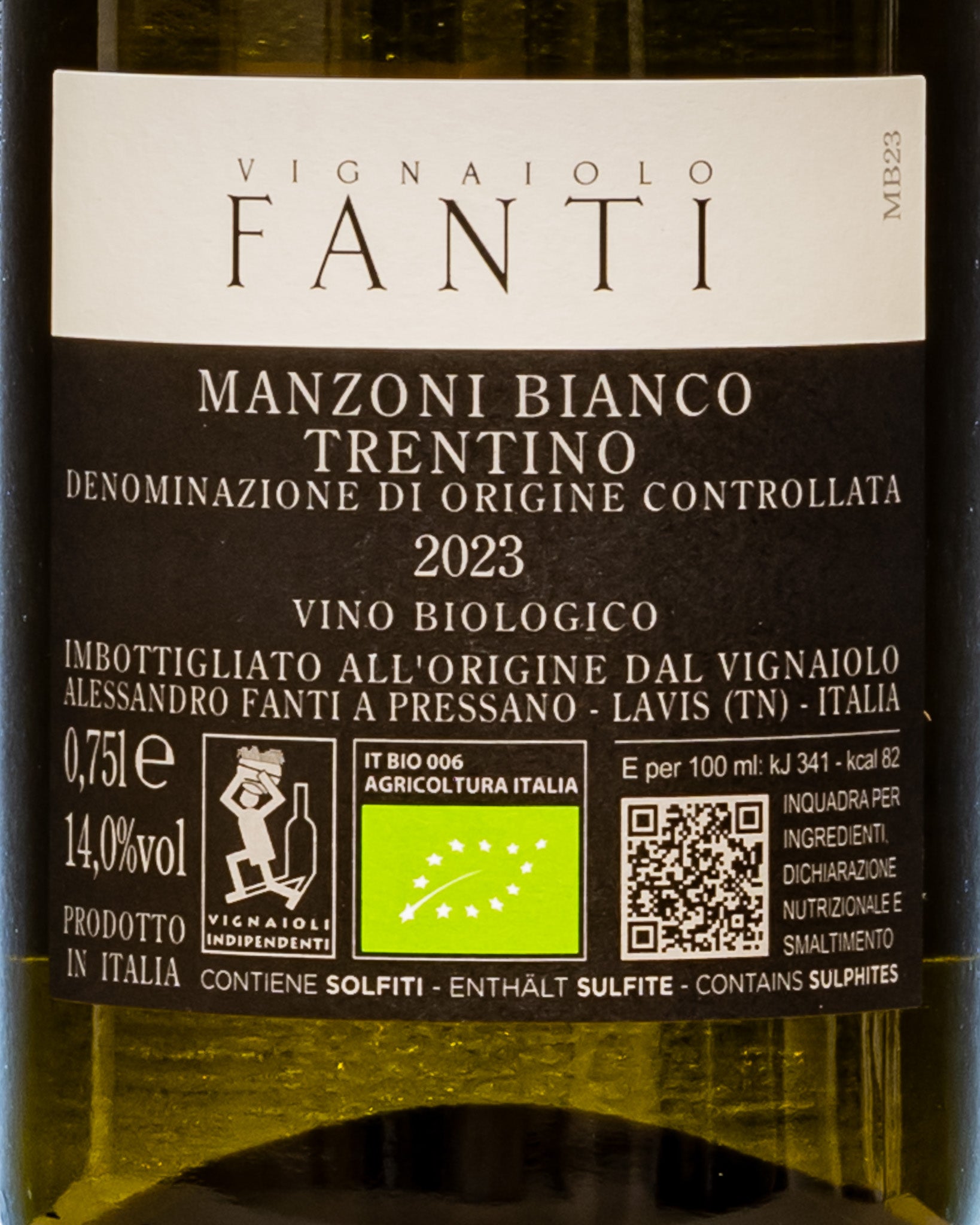 Vignaiolo Fanti Trentino Manzoni Bianco 2023 Incrocio Vino Italia Retro Etichetta