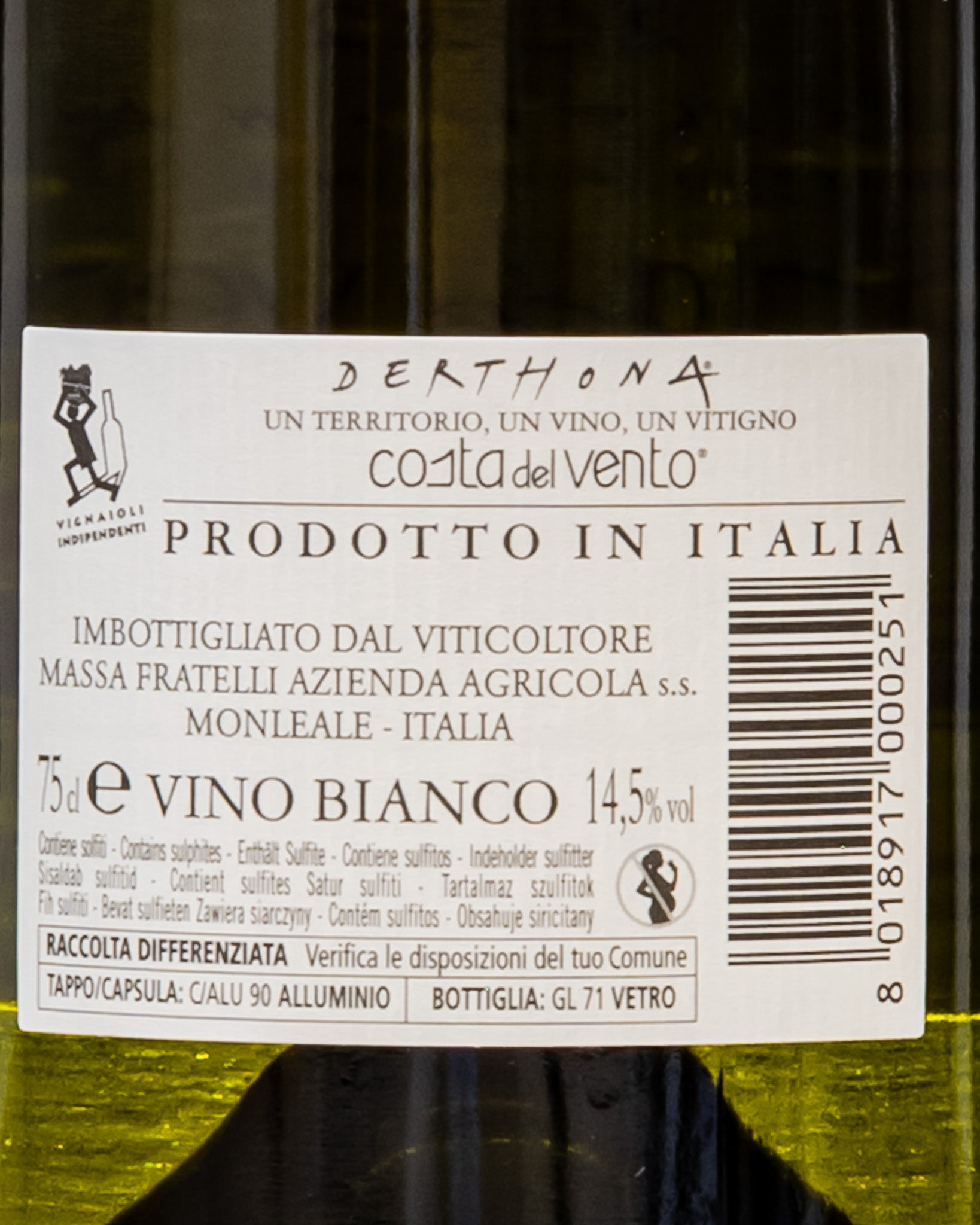 Vigneti Walter Massa Derthona 2023 Costa del Vento Timorasso Colli Tortonesi Piemonte Vino Bianco Italia Retro Etichetta