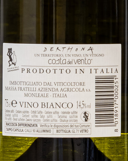 Vigneti Walter Massa Derthona 2023 Costa del Vento Timorasso Colli Tortonesi Piemonte Vino Bianco Italia Retro Etichetta