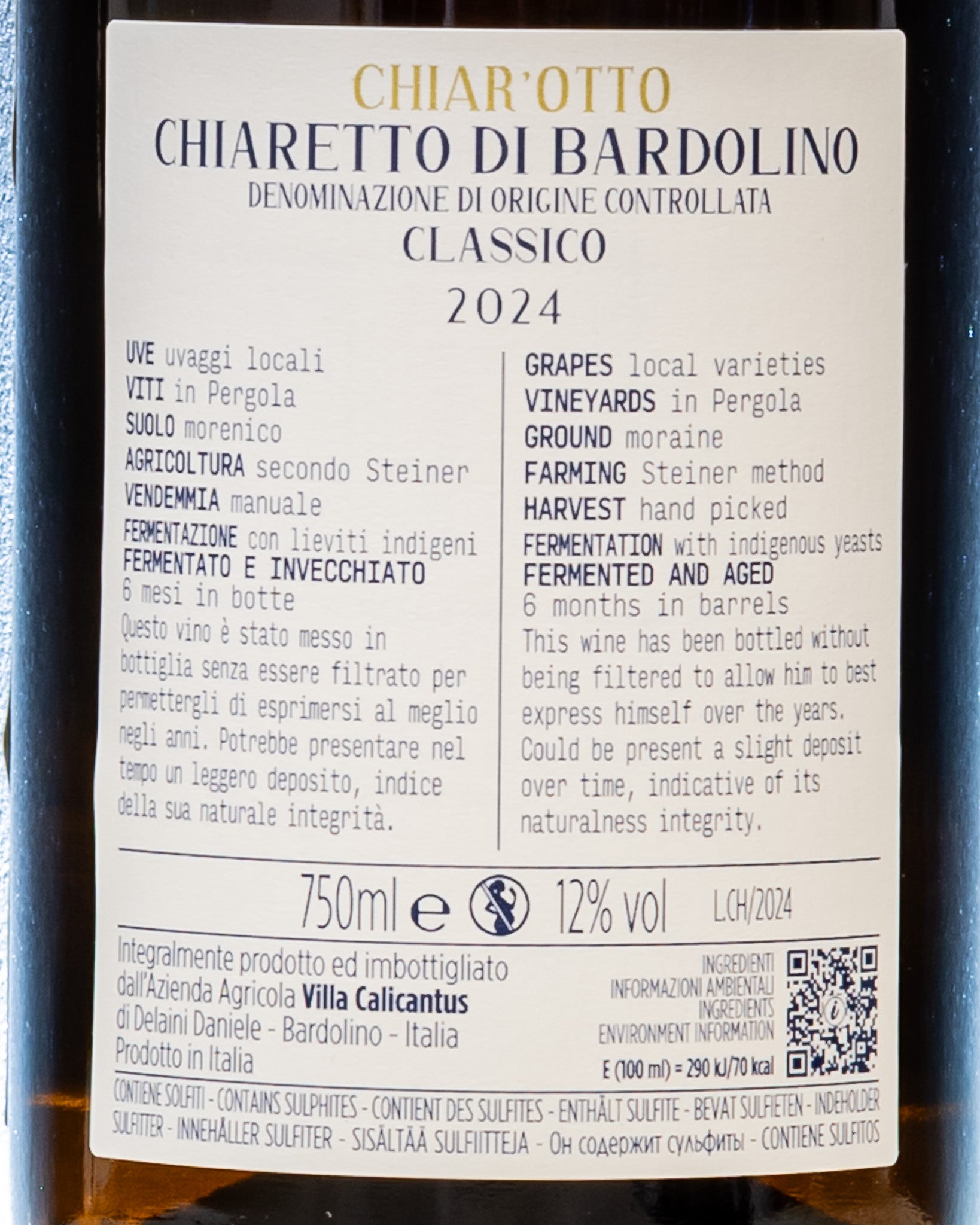 Villa Calicantus Bardolino Classico Chiaretto Chiarotto Veneto Italia Vino Rosato 2024 Corvina Corvinone Molinara Italia Retro Etichetta