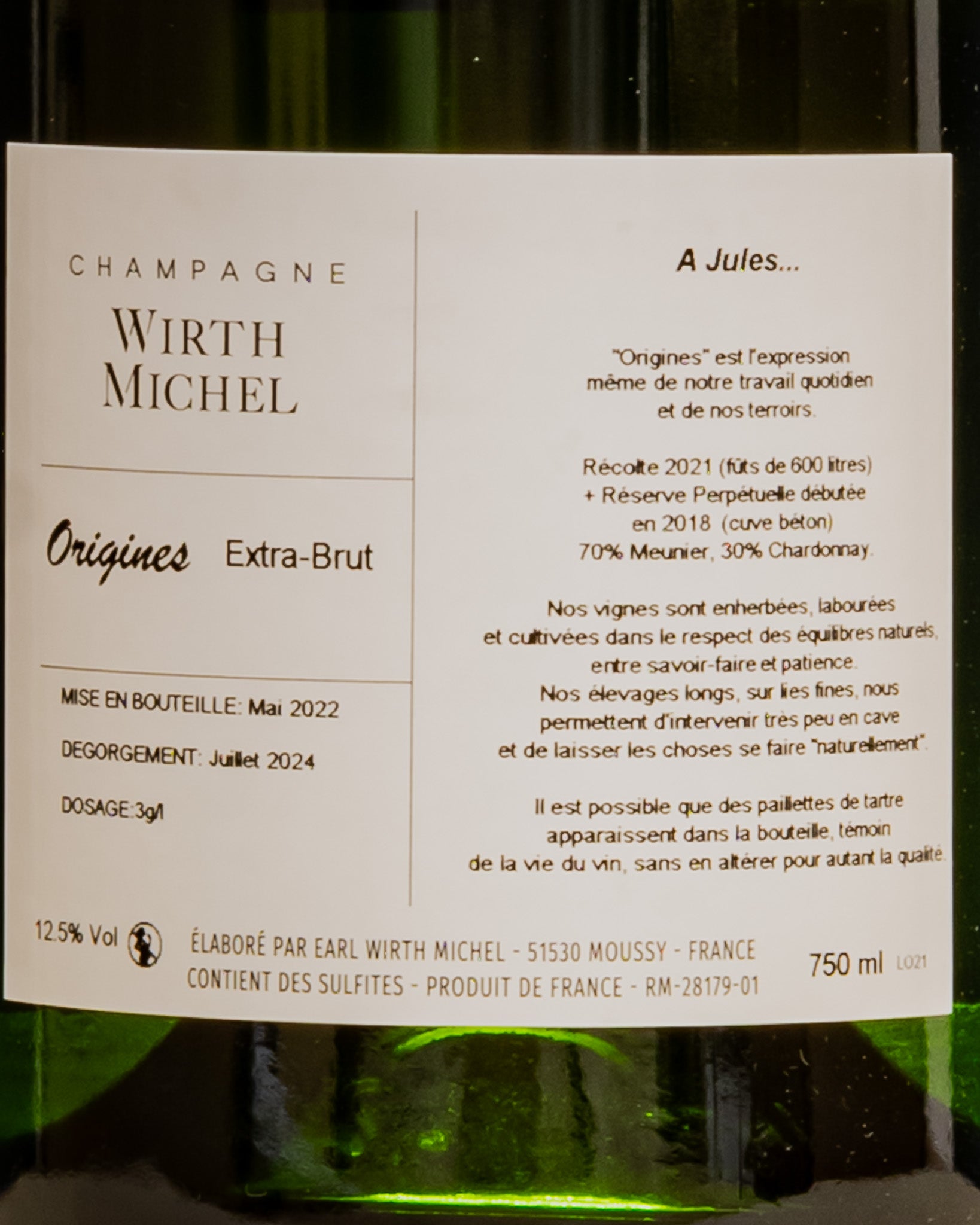 Wirth Michel Champagne Extra Brut Origines Valle Marne Meunier Chardonnay 2021 Cuvée Perpetuelle Vino Francia Retro Etichetta