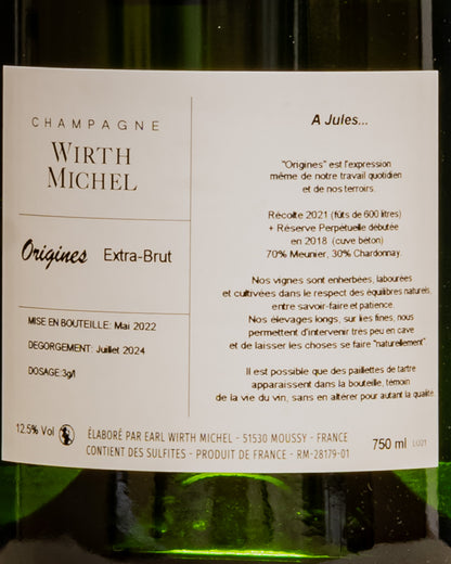Wirth Michel Champagne Extra Brut Origines Valle Marne Meunier Chardonnay 2021 Cuvée Perpetuelle Vino Francia Retro Etichetta