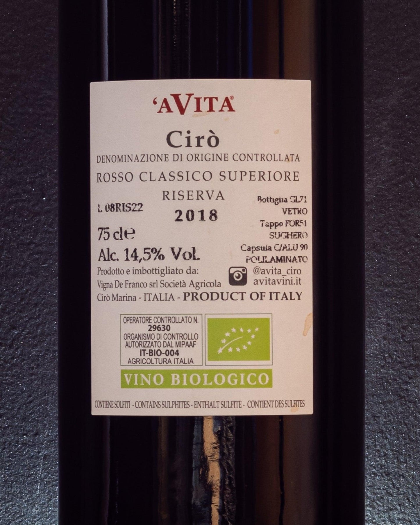 a vita ciro vino rosso calabria gaglioppo italia retro etichetta